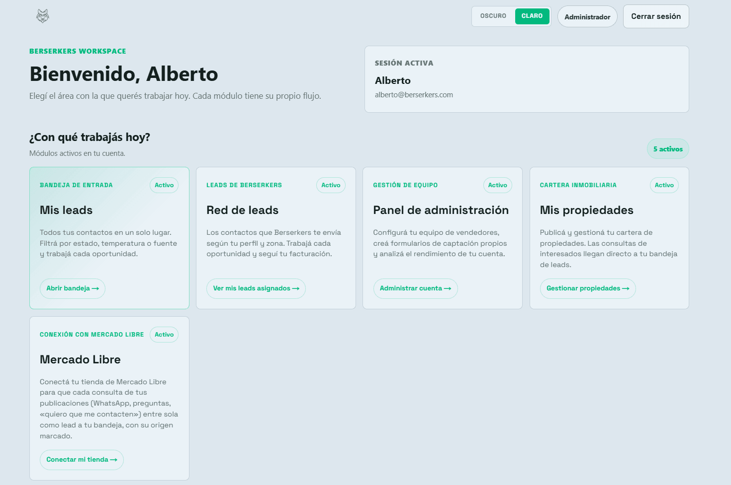 Centro de trabajo del CRM Berserkers con los módulos activos de la cuenta